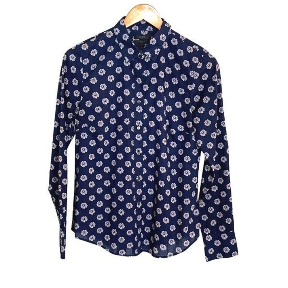 J. Crew Perfect Womens Scattered Daisy Long Sleeve Button Up Shirt Navy Size 6